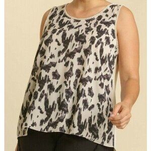 Umgee Tank Top Oatmeal Linen Blend Animal Print Hi Low Hem Plus Size